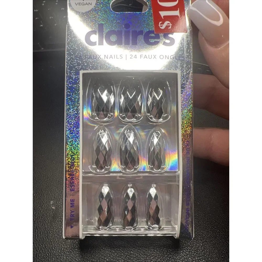24pc‎ Claire's Fake False Glue On Silver Metallic Geometric Medium Almond Nails